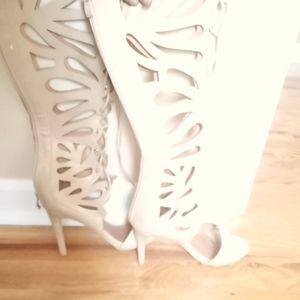 Calf length open toe heels